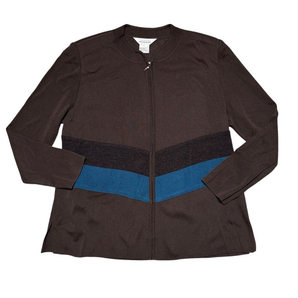 Misook Chevron Brown Zip Up Knit Jacket Blazer Cardigan Size XL - Picture 2 of 6